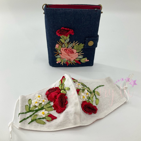 Red Rose Embroidery Passport Wallet & Silk Mask, Wedding Gift,Versatile Washable - Picture 1 of 16
